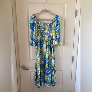 Aura Blue and Green Floral Midi Dress